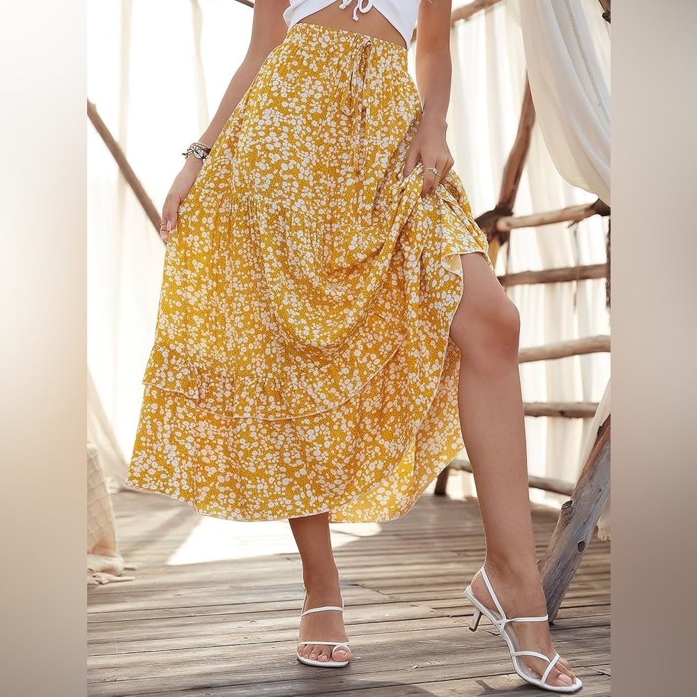 SHEIN White & Yellow Ditsy Floral Ruffle Hem Midi Maxi Modest Fit & Flare Skirt
